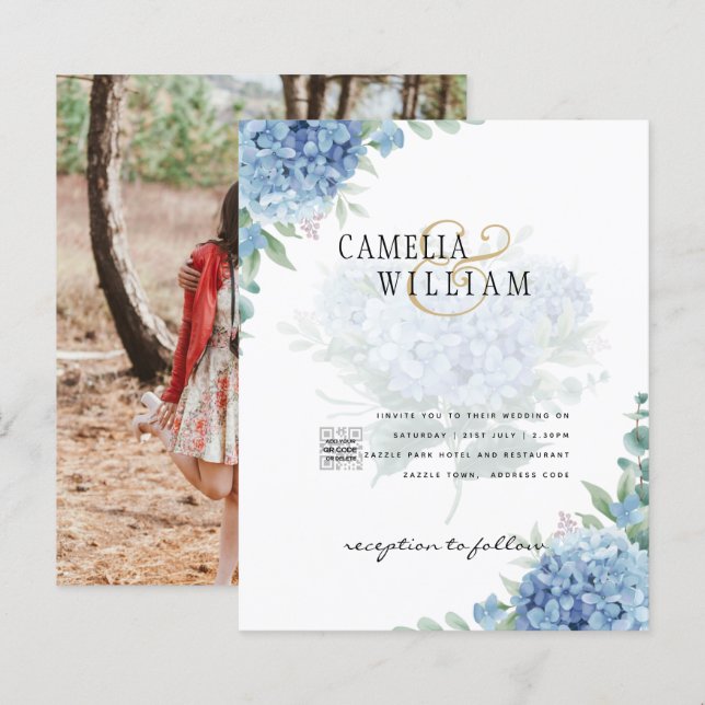 Modern Blue Hydrangea PHOTO Wedding Invitation (Front/Back)