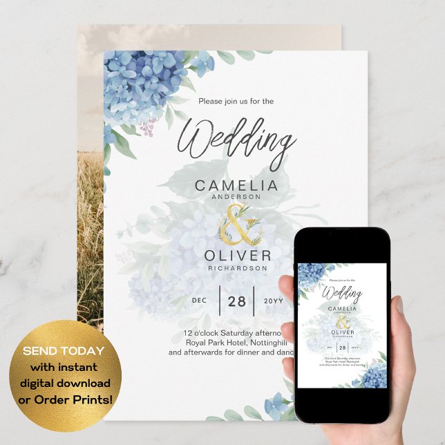 Modern Blue Hydrangea PHOTO Wedding Invitation (Creator Uploaded)