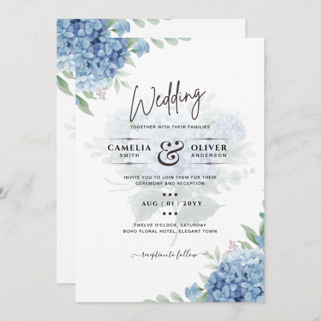 Modern Blue Hydrangea Wedding Invitation QR Code (Front/Back)