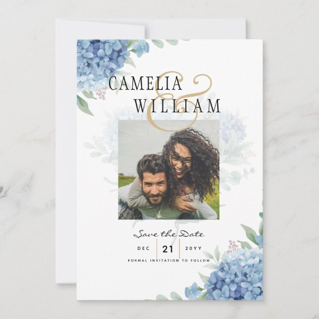 Modern Blue Hydrangea Wedding Invitation QR Code (Front)