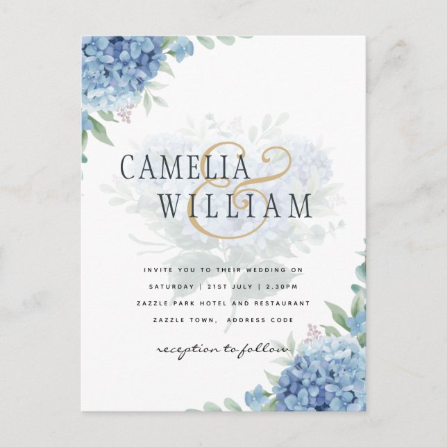 Modern Blue Hydrangea Wedding Invitation QR Code Postcard (Front)