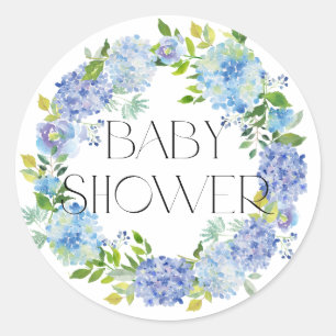 Modern Blue Hydrangea Wreath Baby Shower Classic Round Sticker