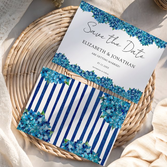 Modern Blue Hydrangeas Navy Blue Striped Wedding Save The Date (Creator Uploaded)
