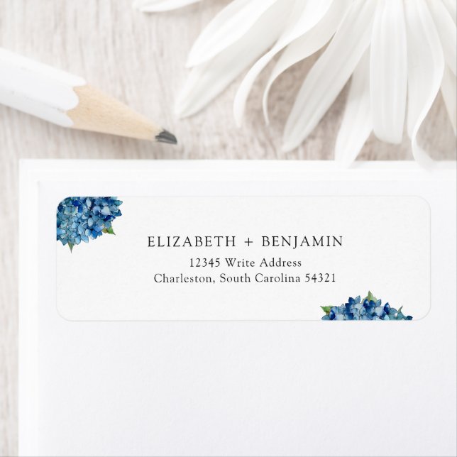 Modern Blue Hydrangeas Wedding RSVP Return Address (Insitu)