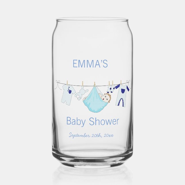 Modern Blue illustration Clothesline Baby Shower Can Glass (Front)
