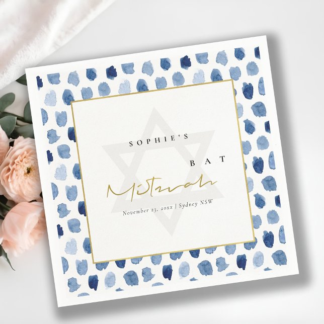 MODERN BLUE INDIGO WATERCOLOR DOTS BAR BAT MITZVAH NAPKIN (Creator Uploaded)