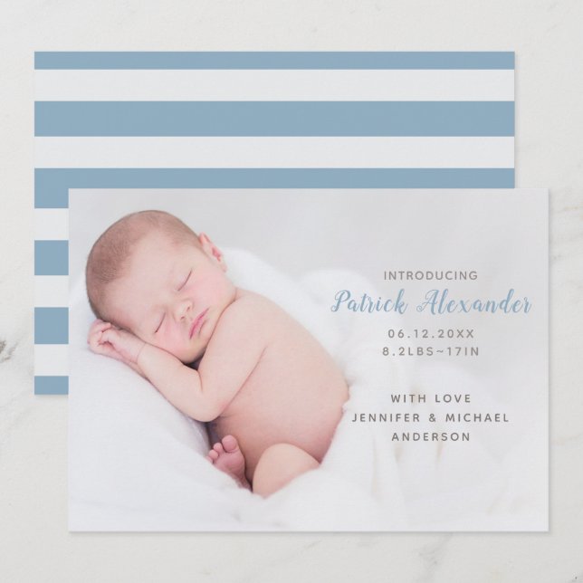 Modern Blue Introducing Baby Boy Photo Announcement (Front/Back)