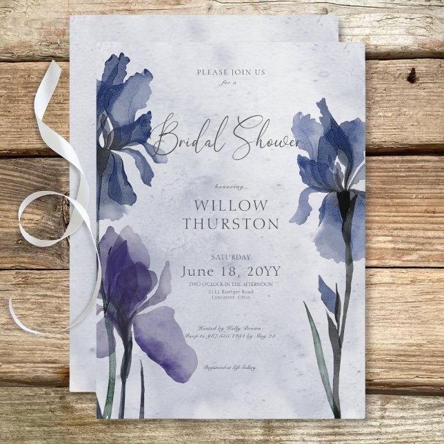 Modern Blue Iris Flowers on Blue Bridal Shower Invitation (Modern Blue Iris Flowers on Blue Bridal Shower Invitation)