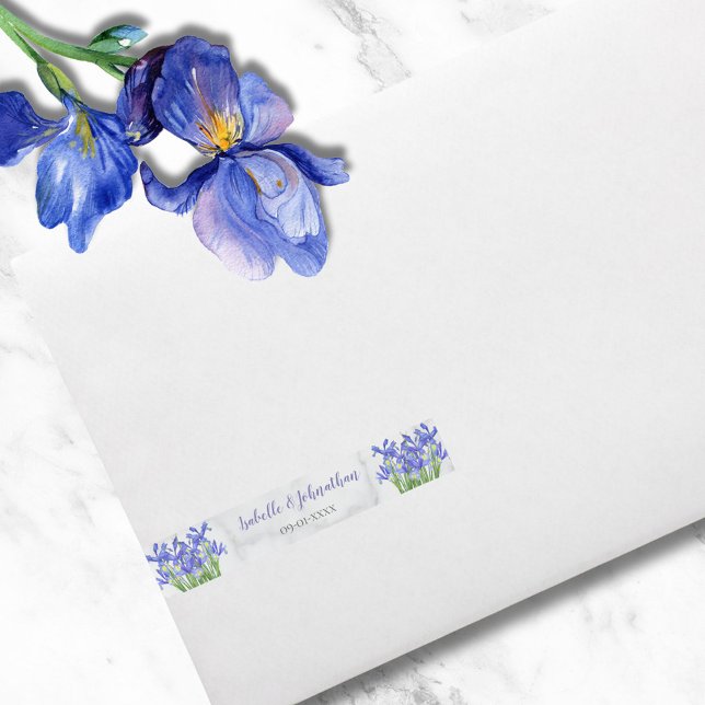 Modern Blue Irises Floral on Grey Marble Wedding Wraparound Address Label (Creator Uploaded)