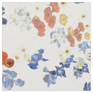 Modern Blue Irises, Red Poppies and Daisies Fabric