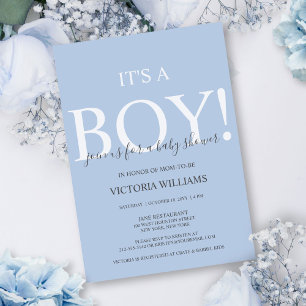 Modern Blue It's a Boy Typography Baby Shower Invitation