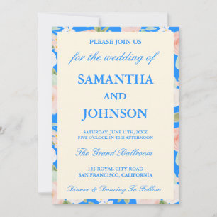 Modern Blue Ivory Floral Monogram Photo Wedding Invitation