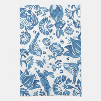 Modern Blue Jacobean Floral Rabbit Bird Pattern Tea Towel