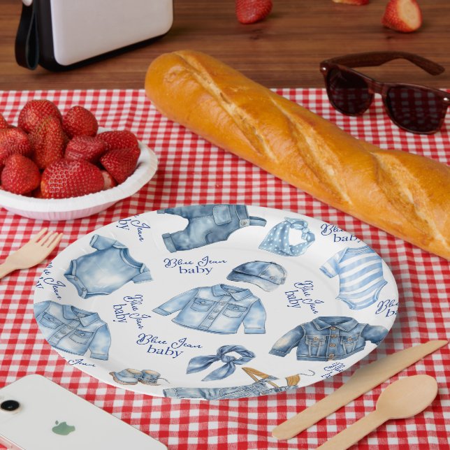 Modern Blue Jean Baby Denim Themed Baby Shower Paper Plate (Picnic)