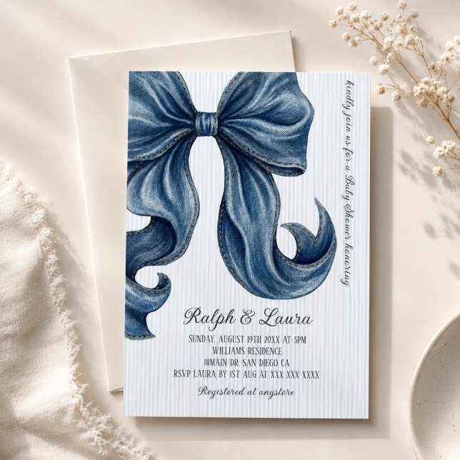 Modern Blue Jeans Bow Baby Shower Invitation (Creator Uploaded)