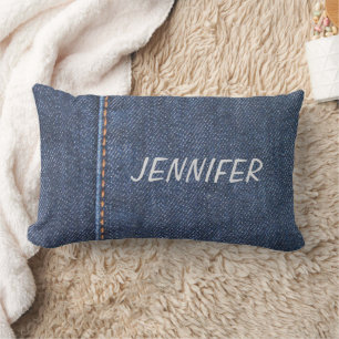 Modern blue jeans denim pattern personalized name lumbar cushion