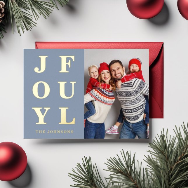 Modern Blue Joyful Photo Christmas Gold (Modern Blue Joyful Photo Christmas Gold Foil Holiday Card)