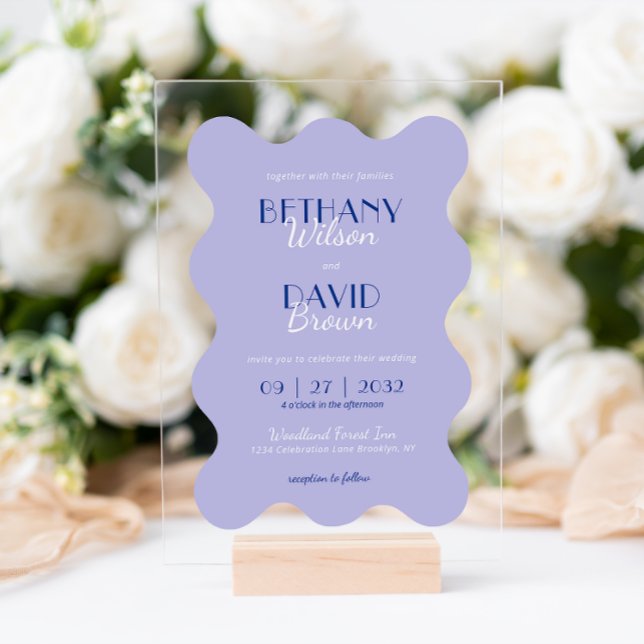 Modern Blue Lavender Wave Scallop Monogram Wedding Acrylic Invitations (Creator Uploaded)