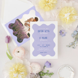 Modern Blue Lavender Wave Scallop Photo Wedding Invitation