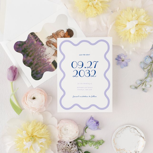 Modern Blue Lavender Wave Scallop Photo Wedding Save The Date (Creator Uploaded)