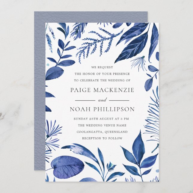 Modern Blue Leaf Elegant Wedding Invitation (Front/Back)