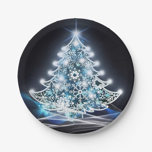 Modern Blue Lighted Christmas Tree Graphic Paper Plate (Front)