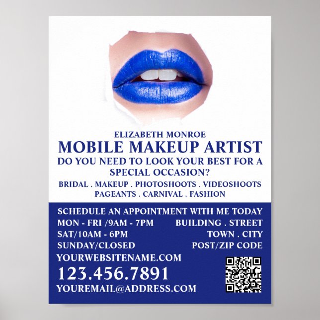 Modern Blue Lips, Makeup Artist Advertising Poster (Front)
