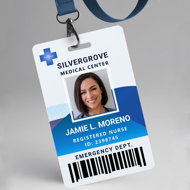 Modern Blue Logo Clinic Hospital Photo Nurse ID Badge (nurse id badge template hospital clinic medical center office clinic blue logo photo bar code)