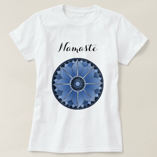 Modern Blue Mandala Namaste T-Shirt (Design Front)
