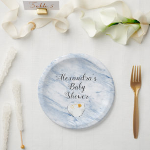 Modern Blue Marble Baby Shower Diaper Personalised Paper Plate