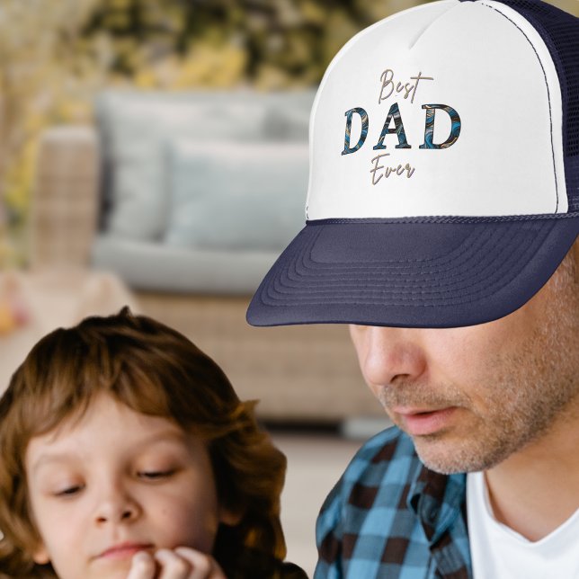 Modern Blue Marble Best Dad Ever Navy White Trucker Hat (A cool summer cap with "Best Dad Ever" wording in a blue marbled effect. Ideal for Father's Day)