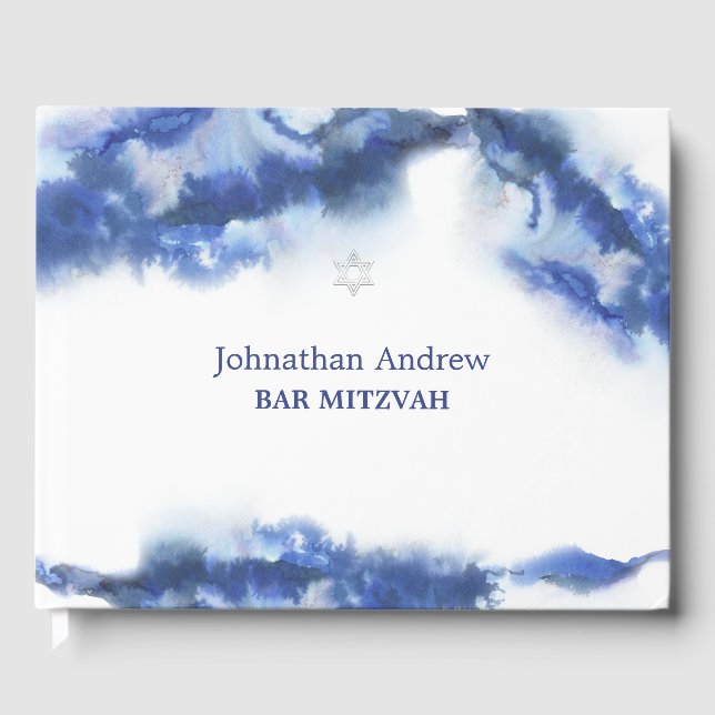 Modern Blue Marble Ocean Ombre Bar Mitzvah Guest Book (Front)