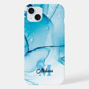 Modern Blue Marbled monogram iPhone 15 Plus Case