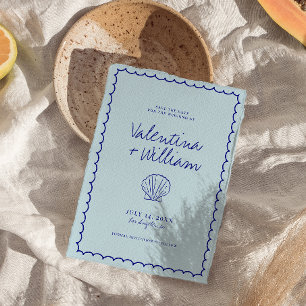 Modern Blue Mediterranean Shell Save The Date Invitation