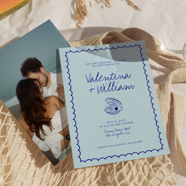 Modern Blue Mediterranean Shell Wedding Invitation (Creator Uploaded)