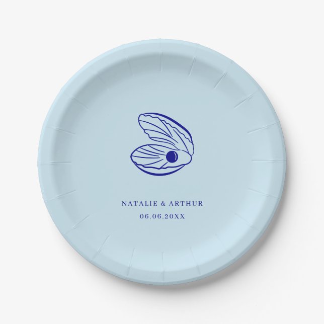 Modern Blue Mediterranean Shell Wedding  Paper Plate (Front)