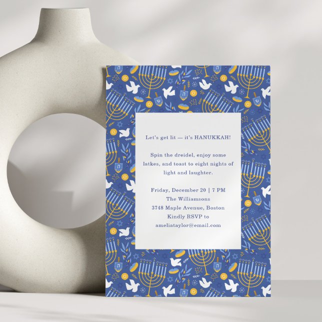 Modern Blue Menorah Dreidel Festive Hanukkah Party Invitation (Creator Uploaded)