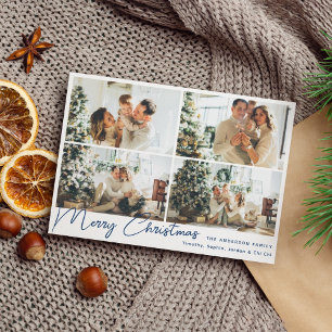 Modern Blue Merry Christmas Four Photo Collage Holiday Card