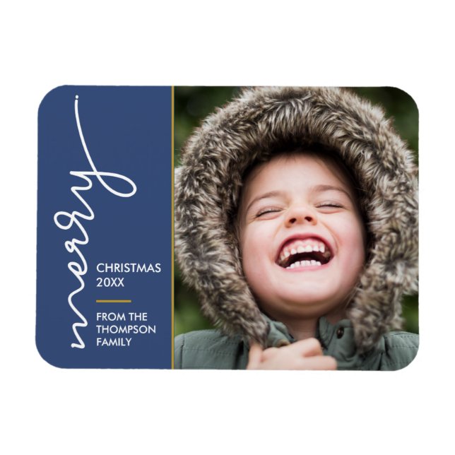 Modern blue Merry Christmas Script Photo Card Magnet (Horizontal)
