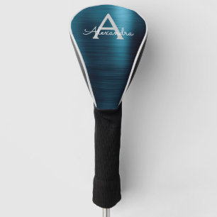 Modern Blue Metallic Foil Monogram Name Golf Head Cover