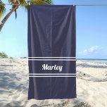 Modern Blue Minimal Name Monogram Script Template Beach Towel<br><div class="desc">Custom minimal design features an easy to use template for name or text up to eleven letters in modern script and a double frame border. Script and border are in white on a classic dark blue background. Colour of background and font are easily changed with the Zazzle design tool section....</div>