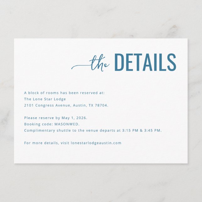 Modern Blue Minimalist Details Enclosure Card (Front)