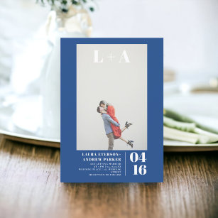 Modern blue minimalist initials photo wedding invitation