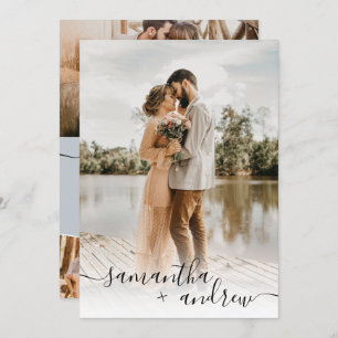 Modern blue minimalist script 5 photos wedding invitation