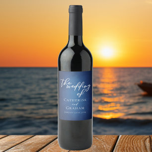 Modern Blue Minimalist Waterfront Evening Wedding Wine Label