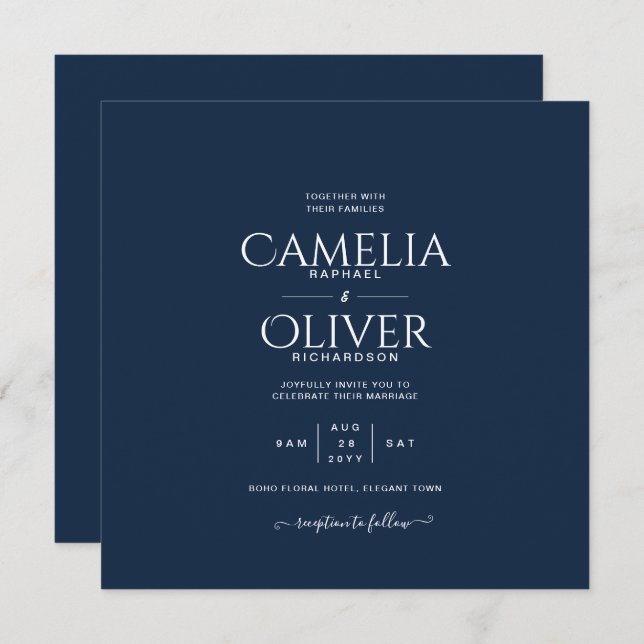 Modern Blue Monochrome Text only Wedding Invitation (Front/Back)