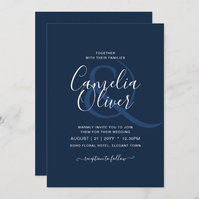 Modern Blue Monochrome Text only Wedding Invitation (Front/Back)