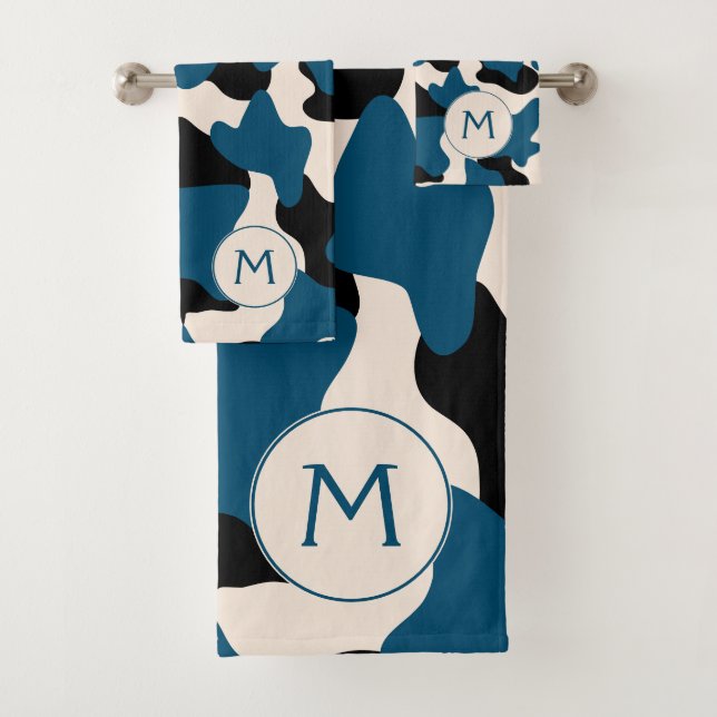 Modern Blue Monogram Cow Print Bath Towel Set (Insitu)