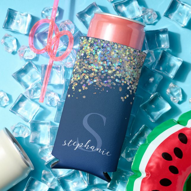 Modern Blue Monogram Holographic Glitter Custom Seltzer Can Cooler (In Situ Summer)