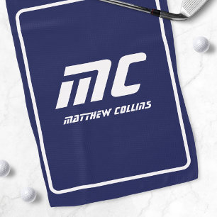 Modern Blue Monogram Minimalist White Name Simple Golf Towel